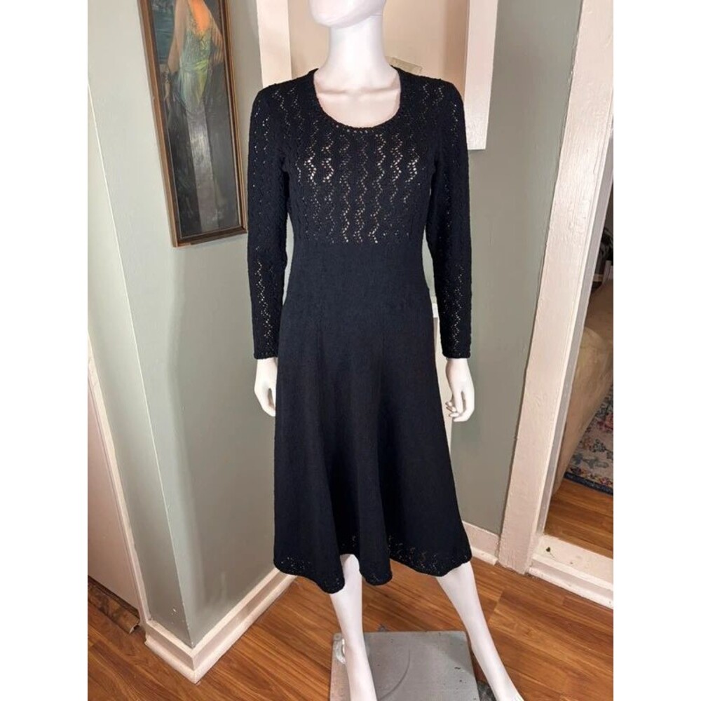 Vintage 70s Miss Joann Black Crochet Knit Sweater Midi Dress Medium M